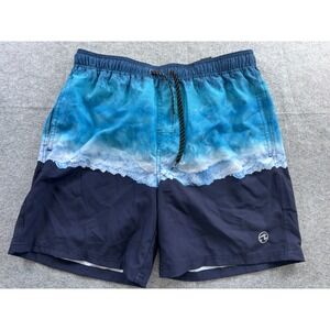 Ocean‎ Current Volley Swim Shorts Mens Large Blue Navy Aerial Wave Print Stretch